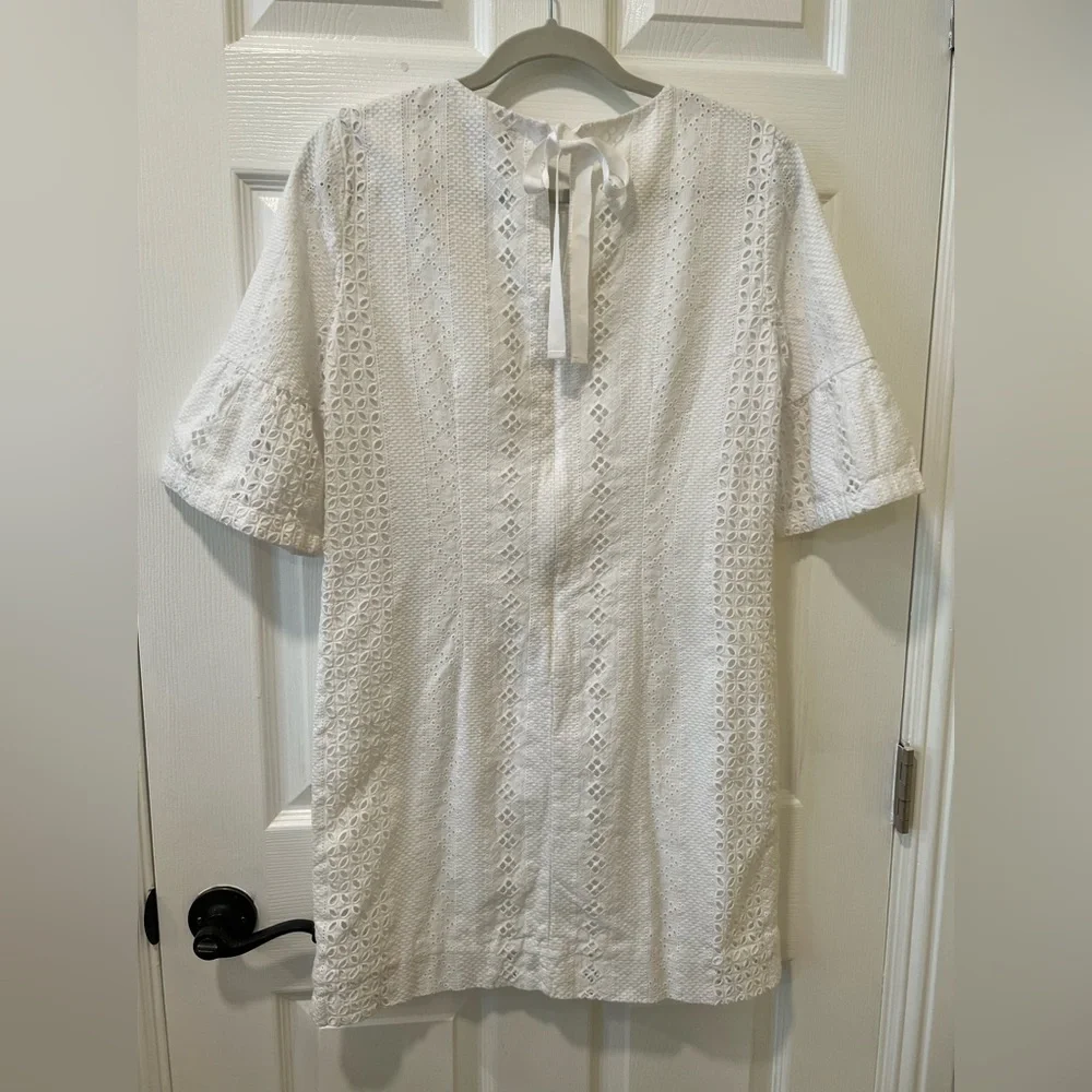 J Crew Women Size 2 Shift Dress White Eyelet 3/4 Sleeve Resort Wear 100% Cotton
